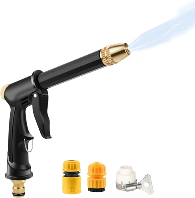 Sakerplus Multifunctional Car Wash Tool, 360° Adjustable Nozzle, High Pressure Water Hose Nozzle withTrigger Lock for Car Washing Patio Irrigation (H2 Long Spray Gun + 3 Connectors)