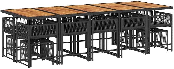 14-Seater Garden Dining Set with Solid Acacia Wood, Synthetic Poly Rattan, and Powder-Coated Steel, Black and Brown Rectangular Outdoor Dining Set for Patio, Garden, or Balcony,