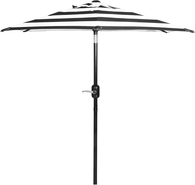 6 Ft Boho Outdoor Patio Umbrella, 6 Foot Patio Table Umbrella, Easy Open/Close Crank and Push Button Tilt Adjustment, Black & White Striped