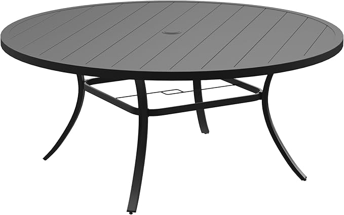 DIFY 63" Round Outdoor Patio Dining Table for 8-10, Metal Patio Table with 1.57" Adjustable Umbrella Hole, All-Weather Outdoor Furniture Table for Garden Backyard Deck, Black