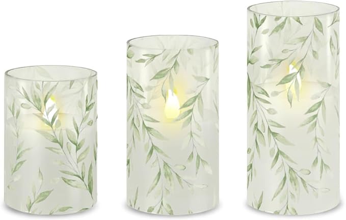 Glass Flameless Candles Green Decor Willow Leaves Vines Greenery Battery Operated LED Pillar Candles for Elegant Home Botanical Decor Special Occasions, Set of 3