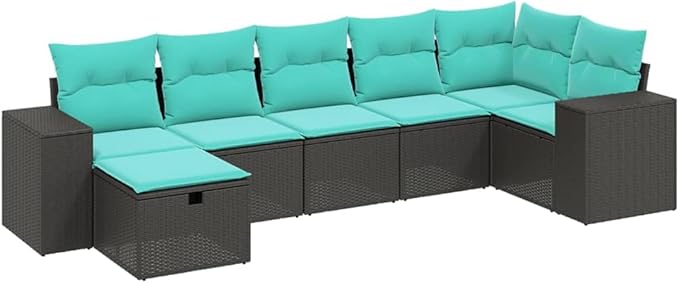 7 Piece Patio Sofa Set with Cushions, Sectional Sofa Outdoor Sofa Sets Patio Conversation Set Porch Furniture Set for Negotiation Area Piazza Poolside Garden Black Poly Rattan