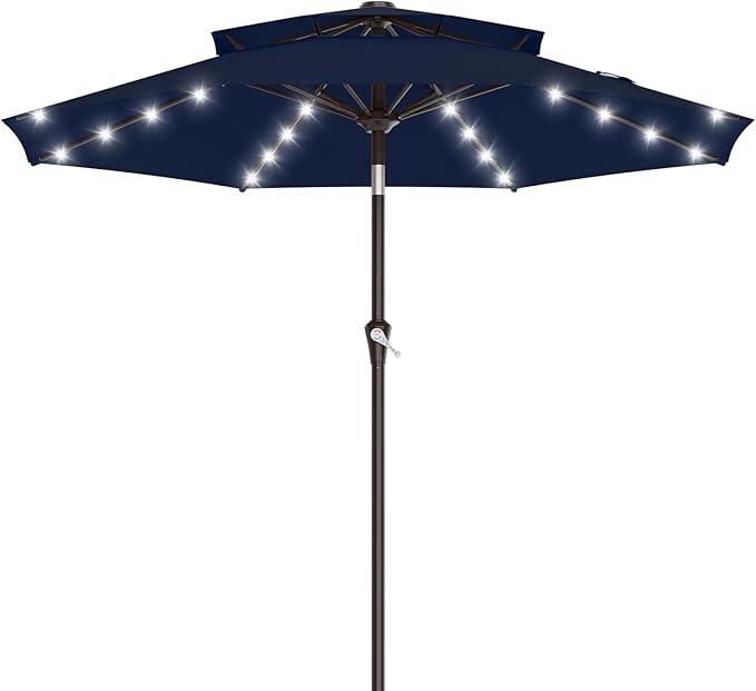 AreShark 9ft 2 Tiers Patio Umbrella with Solar Lights, Outdoor Umbrella w/ 32 LED Lights&8 Sturdy Ribs, Table Umbrella for Deck, Backyard, Pool(Navy)