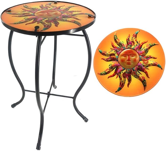 13.5 Inch Round The Sun Glass Side Table, Patio Small Table, Outdoor Side Table, Outdoor Bar Table, Metal Glass End Table for Porch Garden Patio Pool Living Room