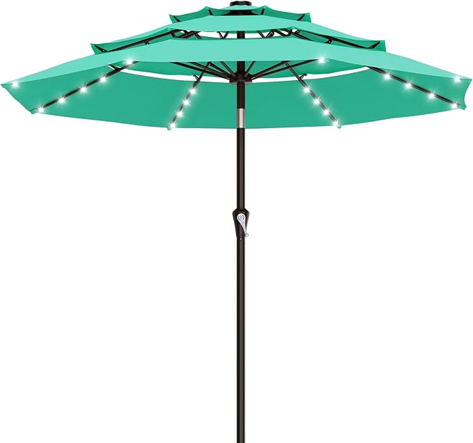 AreShark 9ft 3 Tiers Patio Umbrella with Solar Lights, Outdoor Umbrella w/ 32 LED Lights&8 Sturdy Ribs, Table Umbrella for Deck, Backyard, Pool (Turquoise)