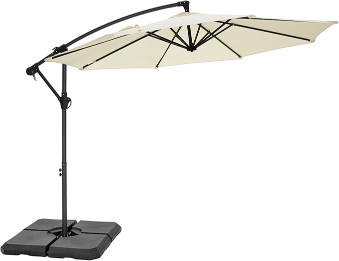PHI VILLA 10ft Offset Patio Umbrellas with Base Included, Outdoor Market Hanging Umbrella with 8 Ribs for Deck Pool Porch Backyard, Off-White