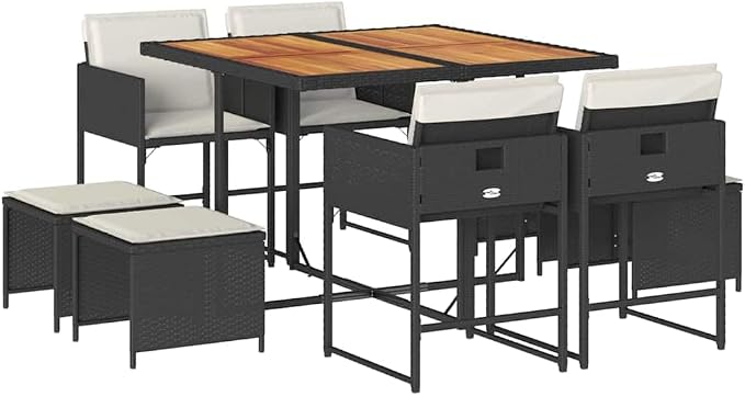 9 Piece Patio Dining Set, 8 Seater Outdoor Dining Table and Chairs Cube Set for Backyard, Garden and Terrace, Black Poly Rattan and Solid Acacia Wood