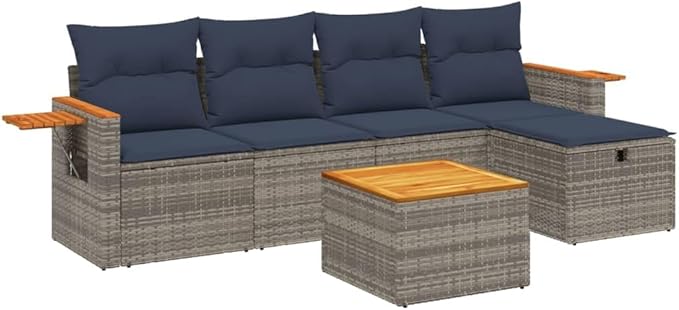 vidaXL Patio Sofa Set with Cushions 6 Piece, Outdoor Conversation Set, Sectional Sofa for Balcony Garden, Modern Style, Gray Poly Rattan