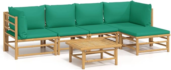 6 Piece Patio Lounge Set with Green Cushions, Patio Conversation Set Outdoor Dining Sets Outdoor Sofa Sets Front Porch Furniture for Poolside Garden Exhibition Negotiation Area Bamboo