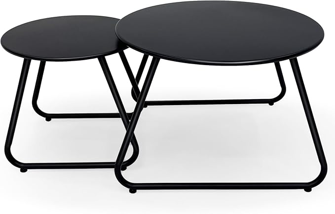 Meluvici Patio Outdoor Coffee Table Set of 2, Weather Resistant Steel Round End Tables, Outdoor Nesting Table for Patio, Balcony, Bistro and Indoor, Black (Black)