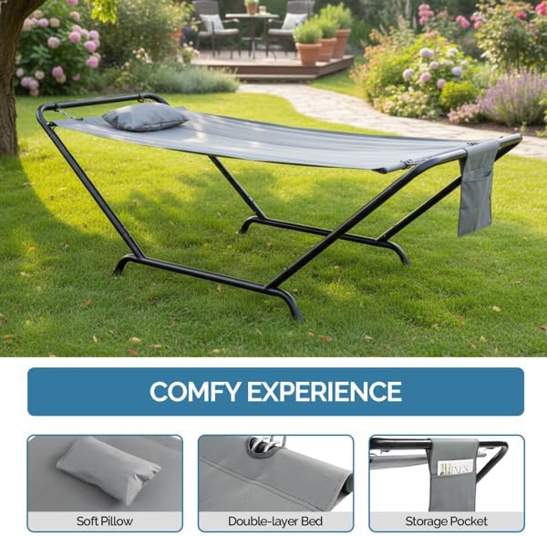 Freestanding Outdoor Hammock Set with Heavy-Duty Steel Frame, 550LBS Capacity, Soft Pillow, Oxford Fabric Bed & Carry Bag for Patio Yard Relaxation