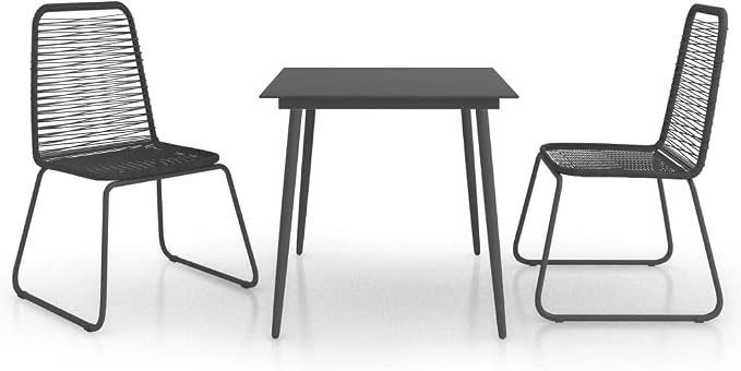 3 Piece Patio Dining Set PVC Rattan Black Outdoor Furniture with Glass Tabletop and Steel Frame for Garden Backyard Balcony