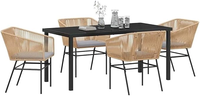 Afuera Living 5-Piece Patio Dining Set, Powder-Coated Steel, Brown Finish, Outdoor Cushions, Tempered Glass Tabletop, Modern Rectangular Design, Seating for 4, Garden Balcony or Terrace Furniture