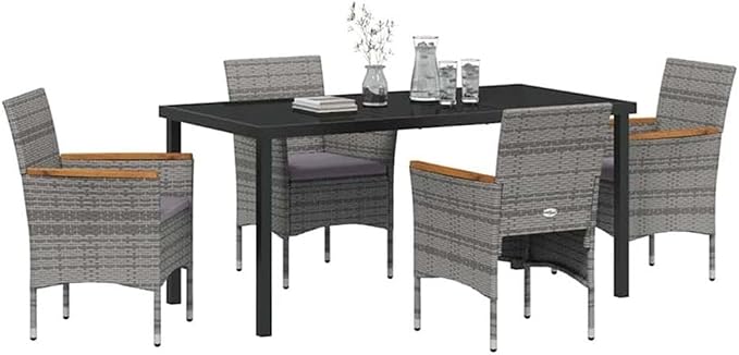 Afuera Living 5 Piece Poly Rattan Garden Dining Set, Gray UV-Resistant Rattan, Steel Frame, Tempered Glass Tabletop, Acacia Wood Armrests, Lightweight Outdoor Patio Furniture for Garden or Terrace