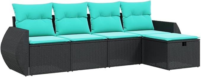 5 Piece Patio Sofa Set with Cushions, Patio Conversation Set Garden Lounge Set Sectional Sofa Porch Furniture Set for Poolside Piazza Exhibition Negotiation Area Black Poly Rattan