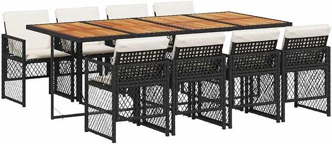 9-Piece Garden Dining Set, Black PE Rattan Outdoor Table and 8 Chairs with Cream Cushions, Large Foldable Patio Furniture for Backyard, Terrace and Deck, Seats 8