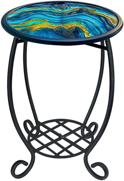 LIFFY Patio Side Tables,14" Indoor Outdoor Metal Side Table with Glass Tabletop,Round Decorative Plant Stand & Accent Table for Garden, Yard, Balcony, Backyard, Porch