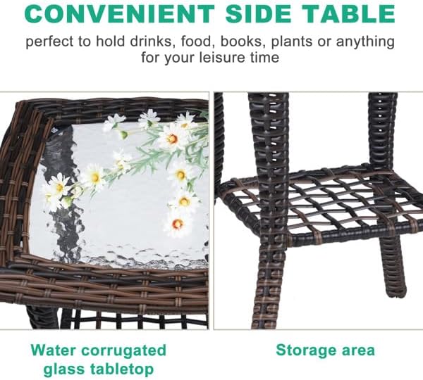 Outdoor Wicker Side Table, Rattan End with Glass Top, Patio Coffee Bistro for Indoor Garden Porch Balcony (Brown)