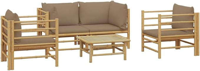 5 Piece Patio Lounge Set with Taupe Cushions, Outdoor Dining Sets Porch Furniture Set Patio Conversation Set Sectional Sofa for Negotiation Area Exhibition Piazza Poolside Bamboo