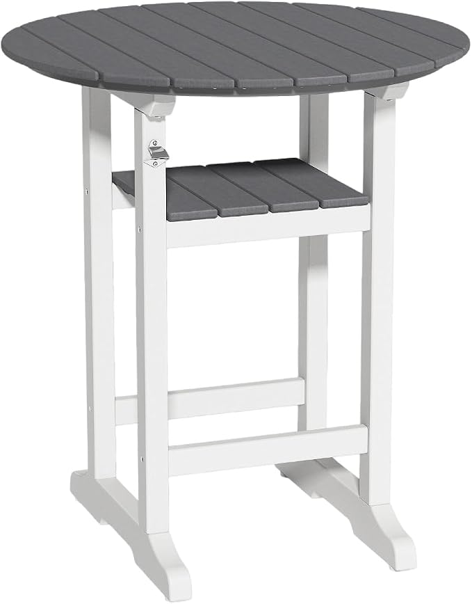 OTSUN Outdoor Bar Table, 32“ Diameter Round Side Table, All Weather Counter Height Table with Built-in Footrest for Backyard, Garden, Indoor Outdoor Companion (White&Grey)