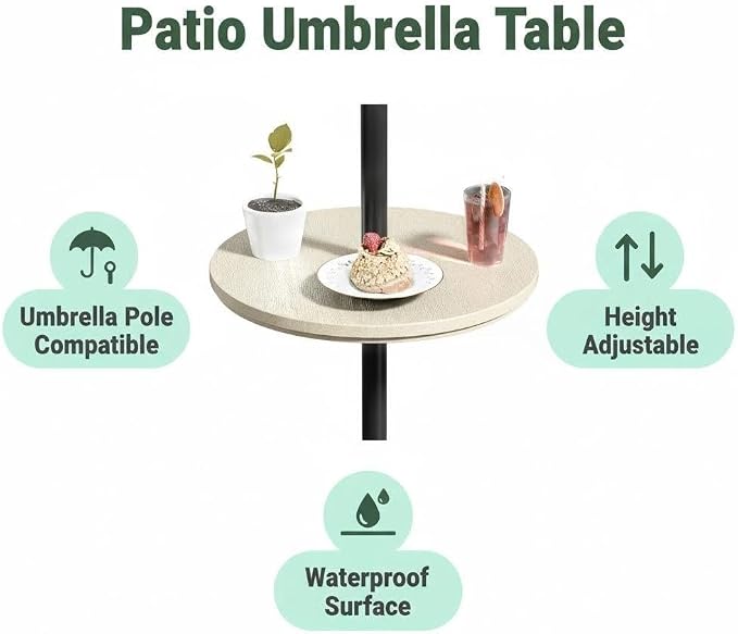 Umbrella Table, Umbrella Side Table, Patio Umbrella Table Tray with Hole, Beach Umbrella Base Table, Outdoor Table with Umbrella Hole for Garden, Balcony, Deck, Poolside, Beige