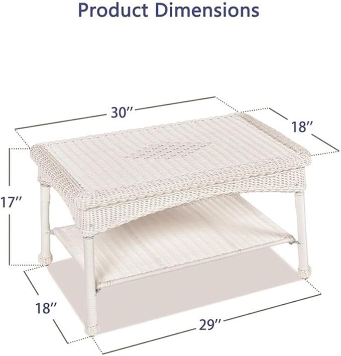 Pemberly Row Wicker Patio Coffee Table, 30" W x 18" D x 17" H, All-Weather Resin Surface, UV-Resistant, White Finish, Steel Frame, Lower Shelf, Durable Outdoor Table for Patio or Garden Use