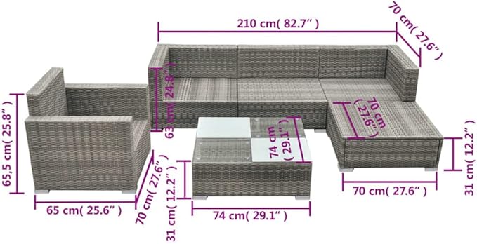 6 Piece Patio Lounge Set with Cushions, Sectional Sofa Patio Conversation Set Front Porch Furniture Outdoor Sofa Sets for Exhibition Negotiation Area Poolside Garden Poly Rattan Gray