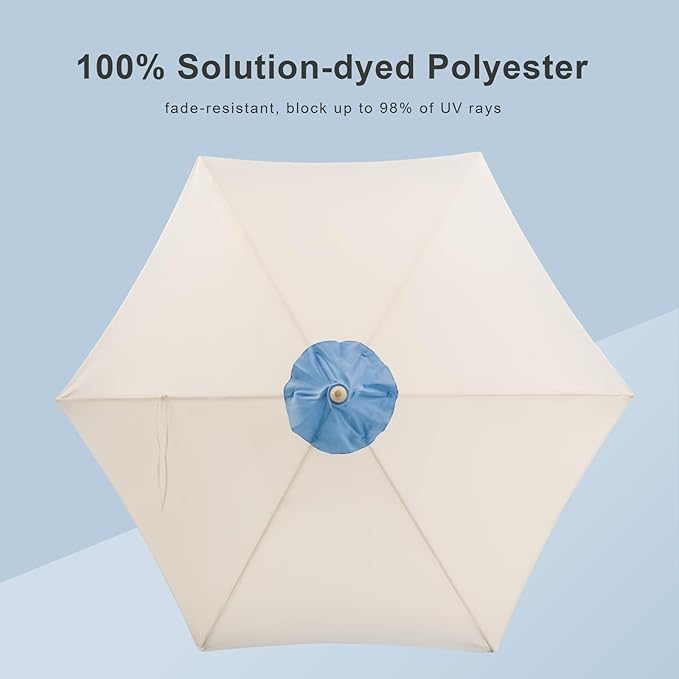 Tempera 9ft Beige Spliced Twilight Blue Tassels Scallop Patio umbrella,Outdoor Table Market Umbrellas with Crank & Pust Button Tilt, Wood Color Pole and 8 Steel Ribs