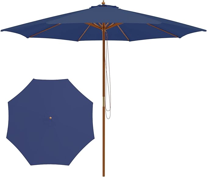 Tangkula 10FT Patio Umbrella, Outdoor Table Market Umbrella w/8 Wooden Ribs, 3 Adjustable Heights, Rope Pulley System, Detachable Pole, Wooden Patio Umbrella for Garden, Poolside, Backyard (Navy)