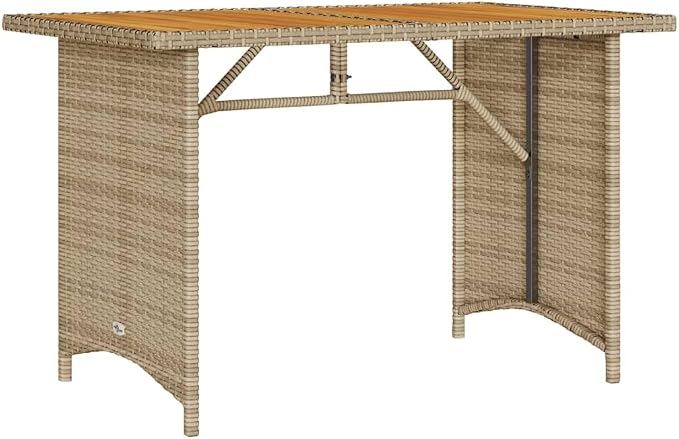Modern Outdoor Dining Table with Beige PE Rattan Top and Solid Acacia Wood Frame on Powder Coated Steel Base for Patio Garden, 43.3 Inch Long 26.8 Inch Wide