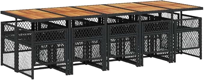 11-Piece Outdoor Dining Set, Acacia Wood Table and 10 Poly Rattan Chairs, Patio Garden Furniture for Backyard Entertaining, Black and Cream