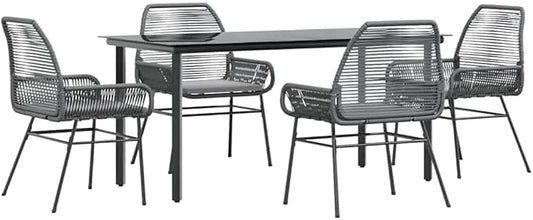 vidaXL 5-piece Patio Dining Set with Cushions - Durable Gray Poly Rattan Seating and Tempered Glass Table for Garden, Backyard, Patio - Easy Assembly, Weather- Outdoor Furniture