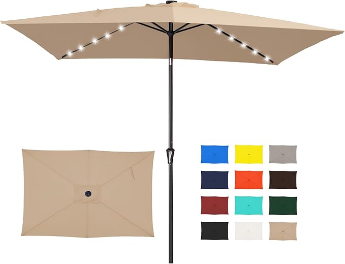 JEAREY 6.5x10 ft Rectangular LED Lighted Patio Umbrellas Outdoor Solar Table Market Umbrella w/Push Button Tilt/Crank, 6 Sturdy Ribs, UV Protection Waterproof Sunproof(Beige)