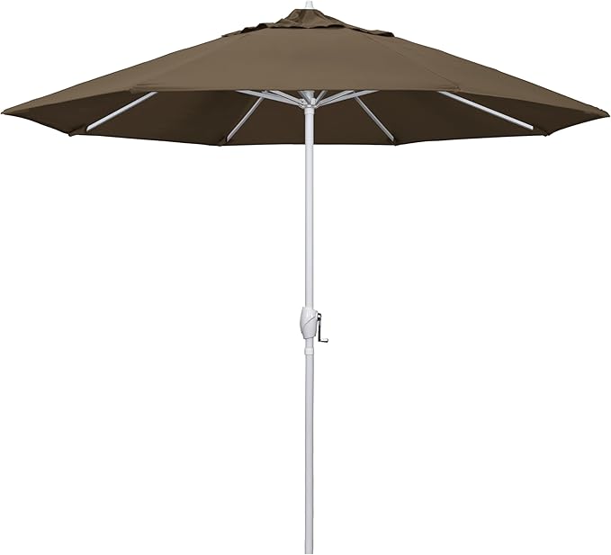 California Umbrella 12-Year Protection 9' Rd Aluminum Patio Umbrella, Crank Lift, Auto Tilt, White Finish, Sunbrella Cocoa