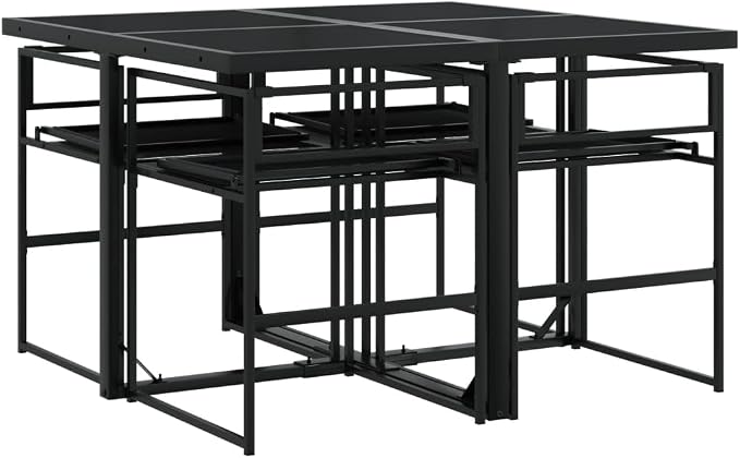 5 Piece Patio Dining Set with Cushions Black Textilene, Outdoor Garden Furniture with Foldable Chairs, Tempered Glass Table for Backyard, Poolside, Deck Entertaining, UV Removable Cushion Covers