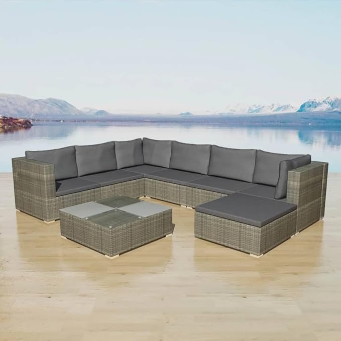 8 Piece Patio Lounge Set with Cushions, Outdoor Dining Sets Patio Conversation Set Outdoor Sofa Sets Front Porch Furniture for Exhibition Garden Poolside Piazza Poly Rattan Gray