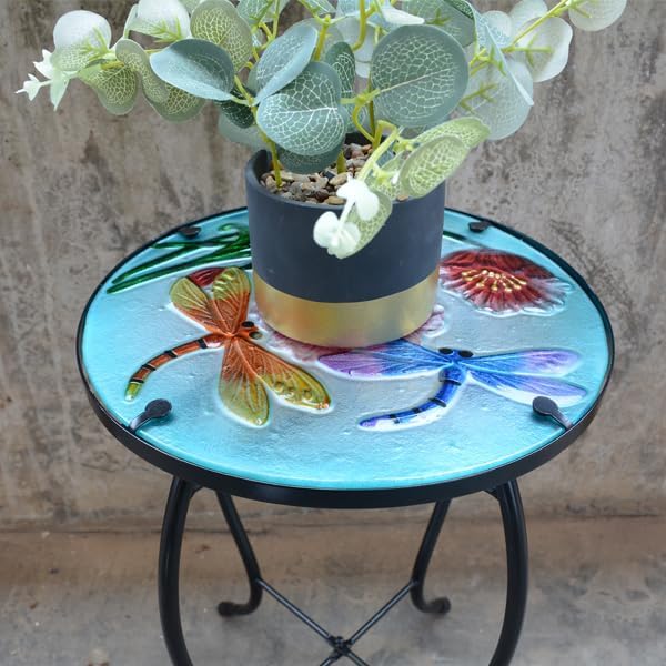 12 Inch Round Dragonfly Glass Side Table, Patio Small Table, Outdoor Side Table, Outdoor Bar Table, Metal Glass End Table for Porch Garden Patio Pool Living Room
