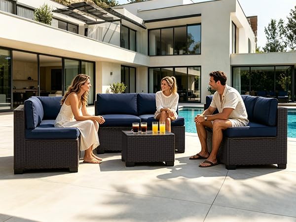 7 Pieces Outdoor Patio Furniture Set, Wicker Modular Sectional Sofa, All Weather Conversation Sets with Glass Table for Yard, Garden, Poolside