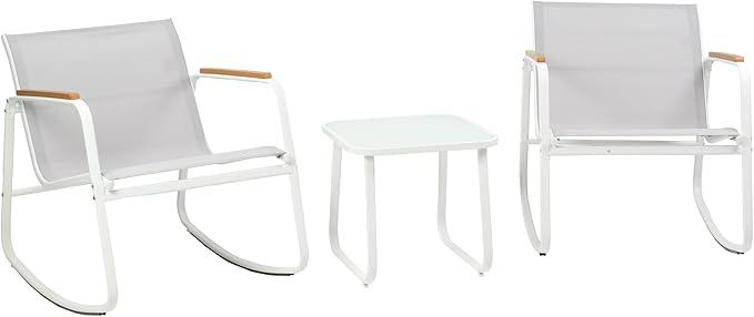 Kozyard 3 Piece Rocking Chair Set, Outdoor Rocking Textilene Bistro Set with Wooden Armrests, Outdoor Patio Furniture Set with Glass Table for Lawn, Porch, Yard, Garden, Balcony, Poolside White
