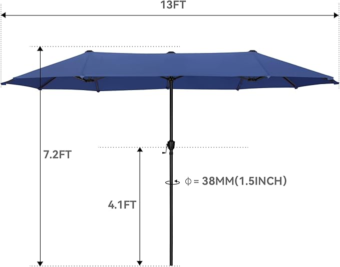 GREEN PARTY 13ft Rectangle Patio Umbrella, Double Sided Outdoor Table Umbrella with Crank & 1.5" Pole, Large Market Umbrella for Poolside Garden Deck Backyard, Haze Blue