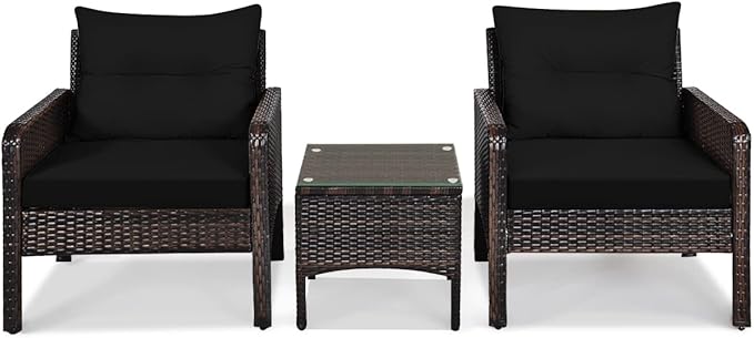 ORALNER 3-Piece Patio Conversation Set, All-Weather Wicker Sofa Chair and Coffee Table Set with Thick Cushions, Outdoor Furniture, Rattan Bistro Set for Balcony Deck Porch Poolside Garden (Black)