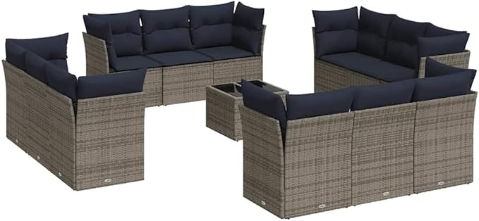 vidaXL Patio Sofa Set with Cushions 13 Piece, Patio Furniture with Glass Table, Outdoor Conversation Set, Modern Style, Gray Poly Rattan