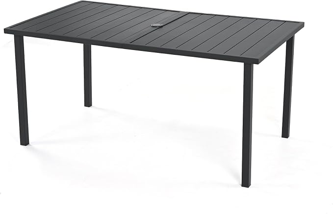 HAPPATIO Outdoor Dining Table for 6, Large Rectangular Metal Patio Table with 1.5" Umbrella Hole, Powder-Coated Frame for All-Weather, Black, Modern Style