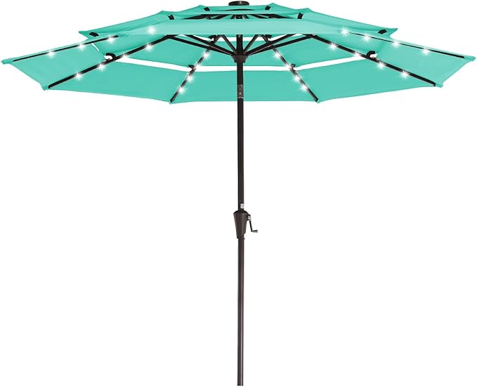 JEAREY 3 Tiers Patio Umbrella with Solar Lights 9ft Outdoor Market Table Umbrellas with Push Button Tilt for Outside Pool Garden, Peacock Blue