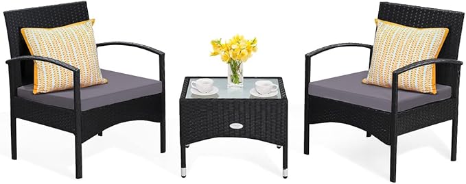 Tangkula 3 Pieces Patio Wicker Rattan Furniture Set, Rattan Chair with Coffee Table, High Load Bearing Chair Conversation Sets for Patio Garden Lawn Backyard Pool