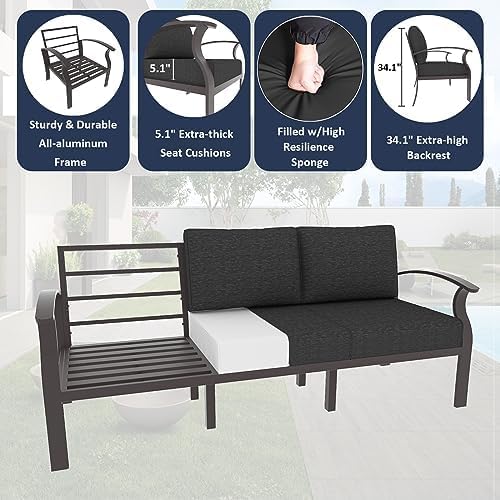 ALAULM Aluminum Patio Furniture Set with 40,000 BTU Round Propane Fire Pit Table 7-seat Metal Outdoor Furniture w/ 2 Swivel Chairs Patio Sectional Sofas for Patio, Lawn, Poolside（Black