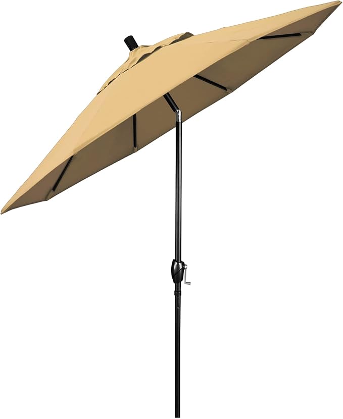 California Umbrella 9' Round Aluminum Market Umbrella, Crank Lift, Push Button Tilt, Black Pole, Champagne Olefin