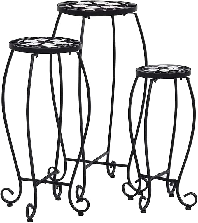 Set of 3 Mosaic Nesting Tables, Geometric Black Iron and Ceramic Side Tables for Living Room Patio Garden Indoor Outdoor Use, 27.6 Inch Tall