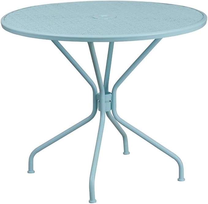Afuera Living 35.25" Round Steel Patio Dining Table, Sky Blue Powder Coat Finish, Rain Flower Print Top with Umbrella Hole, All-Weather Indoor or Outdoor Bistro or Home Use