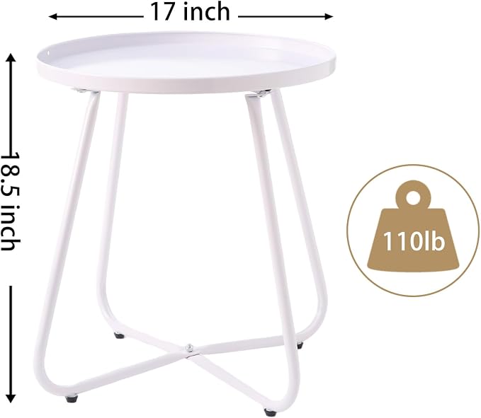 LITA Outdoor Side Table Metal Steel Weather Resistant Round End Table for Patio Balcony Living Room, Small Lightweight Weatherproof Accent Table,White,Modern